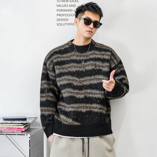 徐太浪【条纹设计 毛绒感】复古撞色毛衣男秋冬季休闲针织衫上衣 商品图2