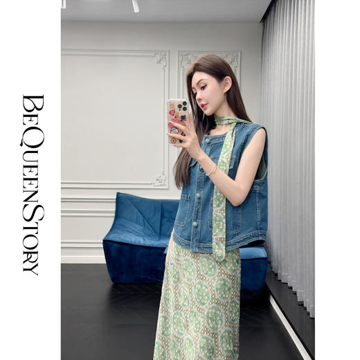 【孤品样衣，不退不换】【翡翠老钱】定制印花牛仔马甲&半裙套装配飘带2025春 商品图2