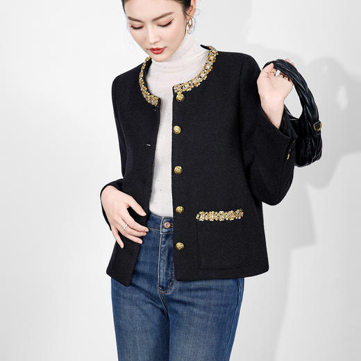 「高货wl」全新升级【铂金会员367/天猫499/差价132】(83917)洛诗琳肌理感混纺小香风外套2025秋冬气质圆领毛呢短外套 商品图0