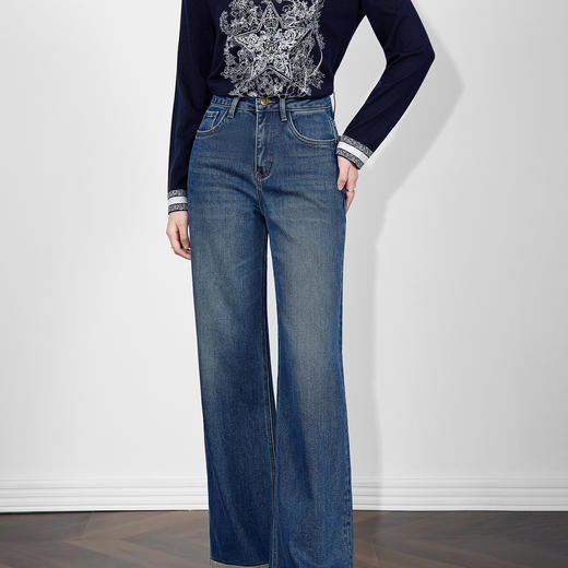 「高货wl」全新升级【铂金会员257/天猫339/差价82】(00421)洛诗琳2025秋冬高腰复合厚绒磨白斑马刺绣裤脚翻边牛仔裤 商品图0