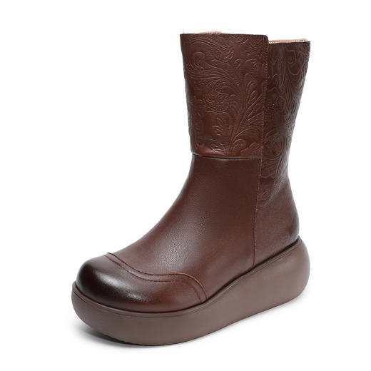 ZM 258771厚底中筒妈妈棉靴真皮复古松糕鞋民族风防水台坡跟防滑加绒皮靴 商品图4