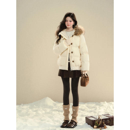 鹿向南「慵懒时光」90白鸭绒杏色羽绒服女冬季狐狸毛领连帽厚外套 商品图1