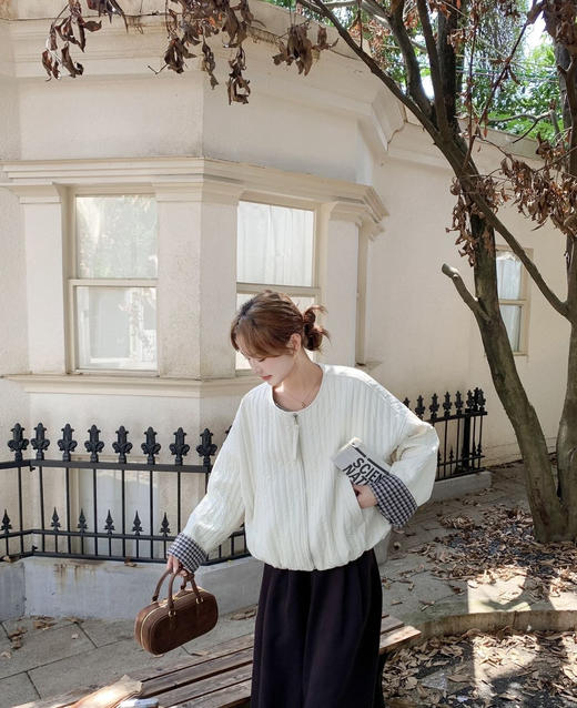 COICI格子卷边袖短款显瘦棉服 商品图0