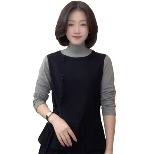 A8-1175 半高领假两件拼色T恤衫秋冬款休闲宽松女装减龄设计感打底衫上衣 商品图4