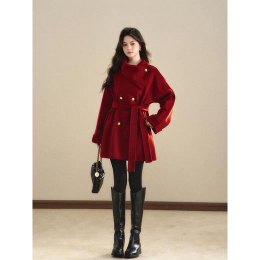 鹿向南「寒香梅花」红色毛呢外套女秋冬新款气质中长款设计感大衣 商品图1