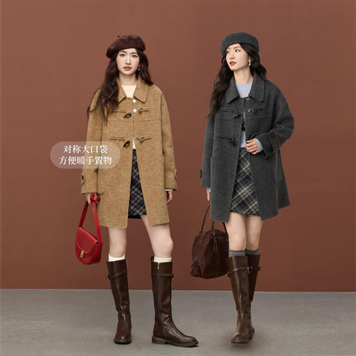【11/26新品】熙世界牛角扣卡其色羊毛大衣女士冬季韩系氛围感翻领中款毛呢外套 商品图1