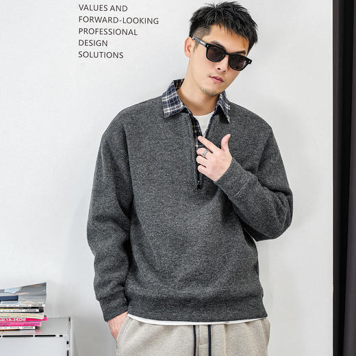 徐太浪【半开襟拉链 拼接格子】假两件毛衣男秋冬休闲针织衫上衣 商品图1