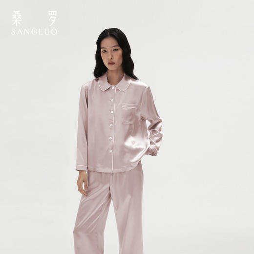 桑罗小圆领娃娃领真丝睡衣套装100%桑蚕丝长袖家居服可外穿03A62865 商品图2