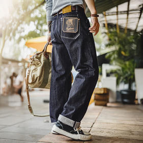 马登工装美式复古原牛色水洗牛仔裤直筒丹宁休闲裤阔腿长裤男秋冬