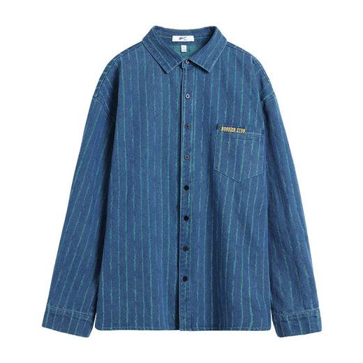 回力牛仔衬衫男士春季长袖青少年痞帅潮牌宽松休闲蓝色竖条纹衬衣 商品图4