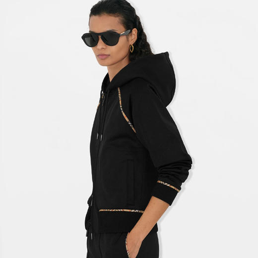 BURBERRY 巴宝莉 女士马术骑士徽标刺绣格纹装饰棉质混纺拉链连帽外套 黑色 8109720 A1189 商品图2