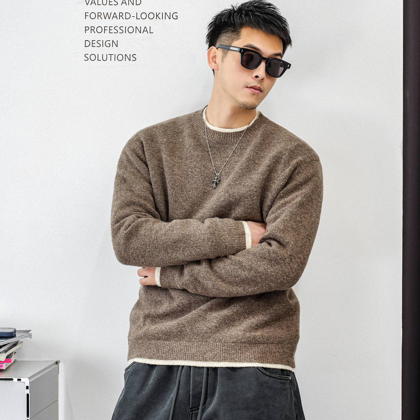 徐太浪【毛绒感 混纺保暖】假两件毛衣男秋冬款休闲内搭针织上衣