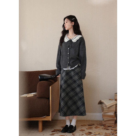 鹿向南「书声入耳」花灰色娃娃领钩花蝴蝶结毛衣开衫上衣裙子套装 商品图1