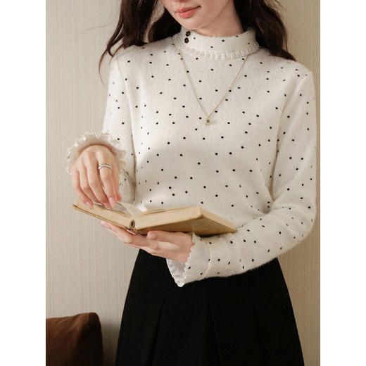 鹿向南「绒点絮语」杏色波点显瘦打底针织衫女秋冬半高领长袖上衣 商品图0