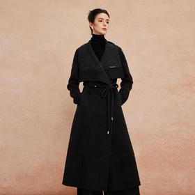 QH951斯尔丽25新款针织镶嵌配色进口小亮片大翻领收腰放摆气质长款大衣