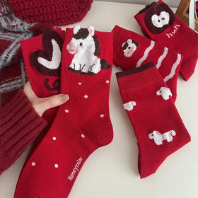 4双一组！新年本命年女袜超正中国红 可爱植茸小马爱心苹果蝴蝶结樱桃元素 走好运元气满满