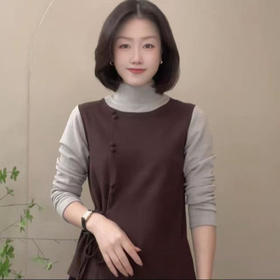 A8-1175 半高领假两件拼色T恤衫秋冬款休闲宽松女装减龄设计感打底衫上衣