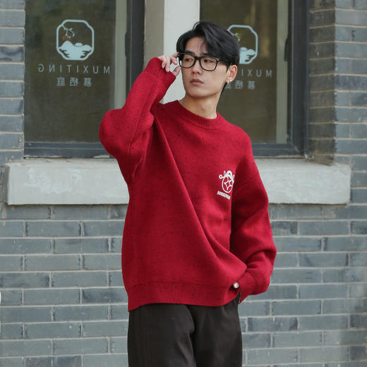 DRONKOO 2025 圆领左胸财神后马上发财花纱厚毛衣 商品图2