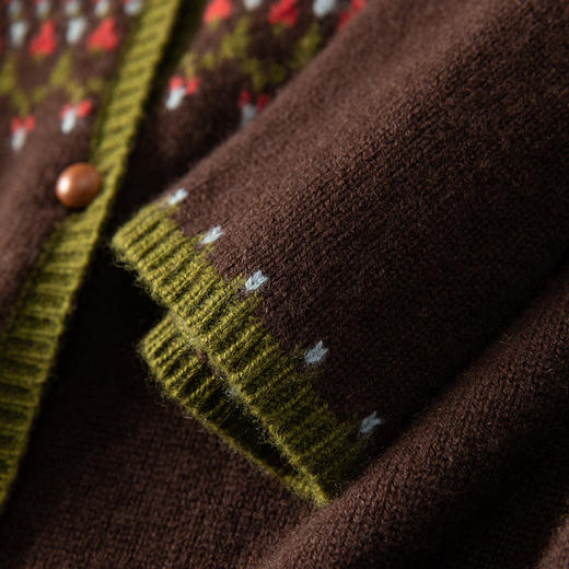 文艺少女~咖色费尔岛提花撞色圆领羊绒开衫女长袖针织外套 商品图4