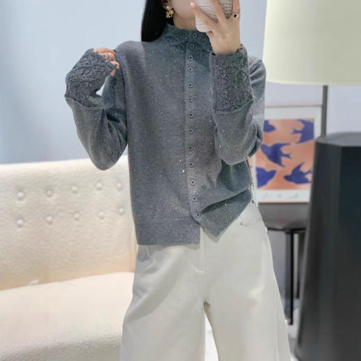 秋冬羊毛针织衫半高领钩花边袖拼接针织打底时尚套头百搭毛衣开衫 商品图2