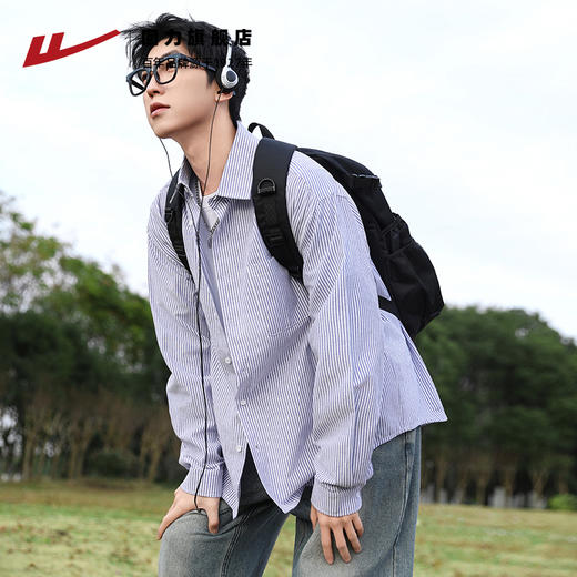 回力条纹衬衫男春季2025新款韩版长袖衬衣宽松高级感复古休闲外套 商品图3