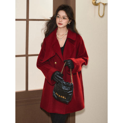 鹿向南「寒香梅花」红色毛呢外套女秋冬新款气质中长款设计感大衣 商品图4