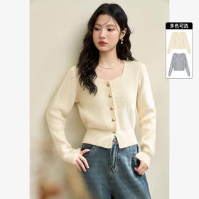 西遇外套女冬季新款法式复古方领金属扣短款收腰显瘦毛衣开衫P0043555