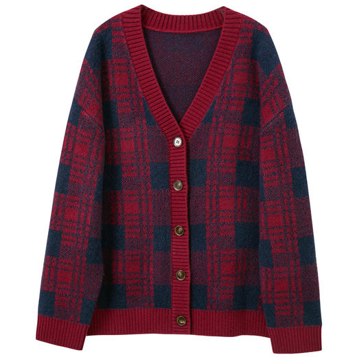 三彩2025冬季新款格纹针织衫V领毛衫宽松外套开衫休闲M 商品图4