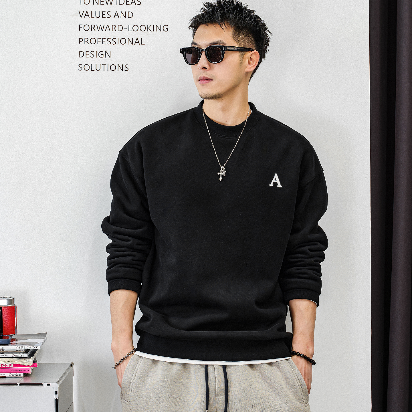 徐太浪【字母刺绣 休闲风】加绒卫衣男秋冬款大码内搭打底衫上衣