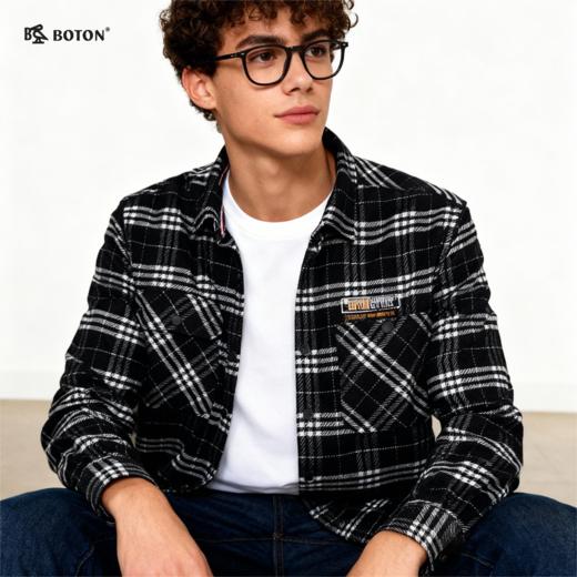 波顿工士夹克外套男秋冬季加厚保暖潮牌痞帅黑白格子衬衫衬衣MJ921321 商品图1