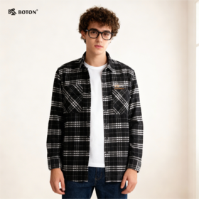 波顿工士夹克外套男秋冬季加厚保暖潮牌痞帅黑白格子衬衫衬衣MJ921321