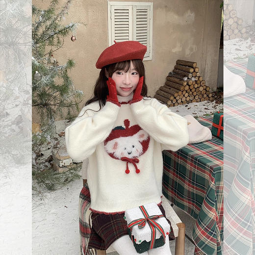 西遇氛围感穿搭女冬季新款可爱苹果小狗图案套头毛衣SS051893 商品图4