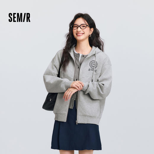 森马外套女春季连帽字母刺绣宽松落肩质感夹克分割气质学院风上衣 商品图1
