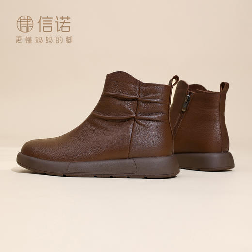 真皮短靴女平底舒适时装靴棕色褶皱设计妈妈鞋软底靴子5M203-8TD 商品图2