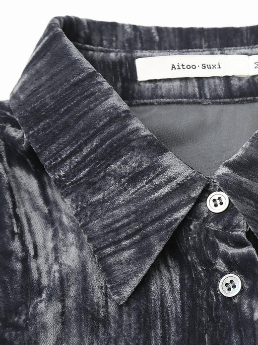 黑灰做旧肌理丝绒衬衫 翻领单排扣宽松长袖上衣 复古港风秋冬质感衬衣 商品图2