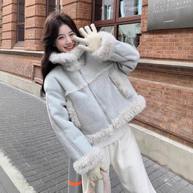 蓝色皮毛一体羊羔毛外套！女款2025年冬季韩系超好看加厚机车短款棉服！