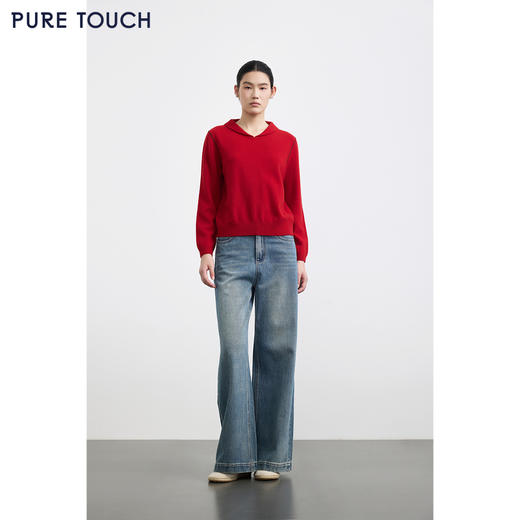 PURE TOUCH女装25秋冬新款海军翻领羊毛针织衫新年红宽松百搭毛衣 商品图1