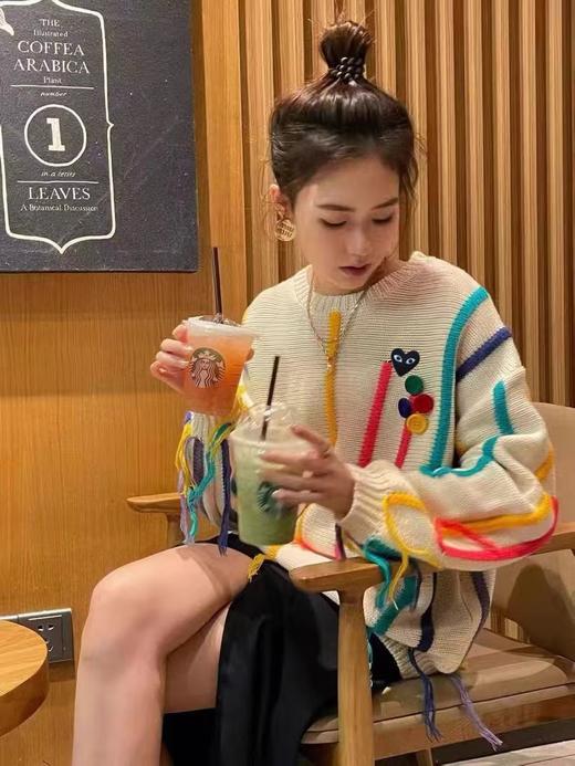 D112717彩色条纹毛衣女秋冬oversize慵懒风流苏针织衫设计感宽松上衣 商品图2