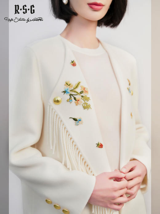 郭培成衣RSG2025秋冬新款花卉刺绣流苏白色羊毛大衣中长款气质 商品图3