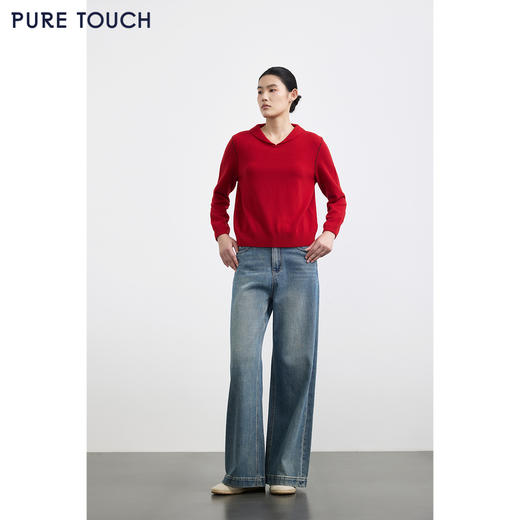 PURE TOUCH女装25秋冬新款海军翻领羊毛针织衫新年红宽松百搭毛衣 商品图3