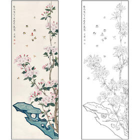 工笔画白描底稿于非闇花鸟《海棠草虫》临摹勾线高清打印稿FA58