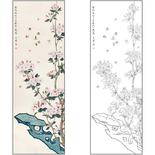 工笔画白描底稿于非闇花鸟《海棠草虫》临摹勾线高清打印稿FA58 商品图0