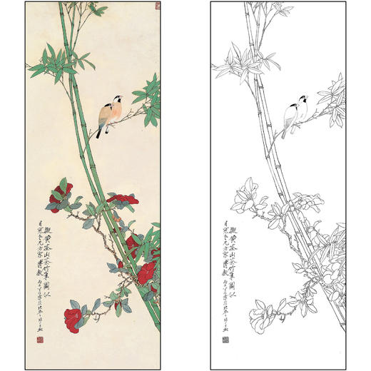 工笔画白描底稿于非闇花鸟《山茶双禽》临摹勾线高清打印稿FA59 商品图0