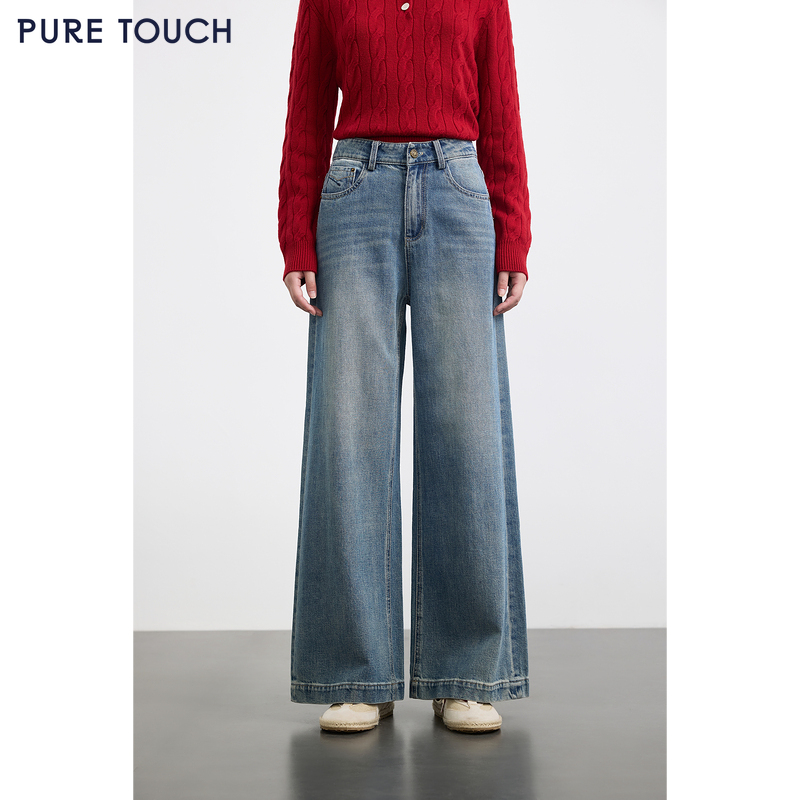 PURE TOUCH女装25秋冬新款高腰牛仔裤宽松阔腿裤棉混纺牛仔蓝长裤