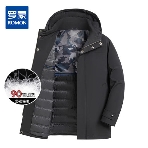 【90白鸭绒】罗蒙冬季男士连帽羽绒服厚实保暖中年爸爸装中长款羽绒外套 商品图1