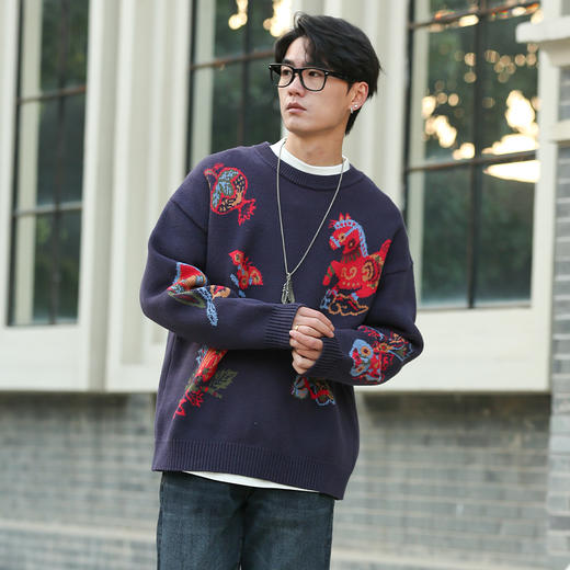 DRONKOO 2025 圆领满幅马蝴蝶植物提花厚毛衣 商品图1