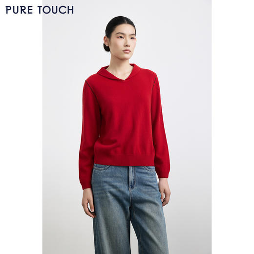 PURE TOUCH女装25秋冬新款海军翻领羊毛针织衫新年红宽松百搭毛衣 商品图0