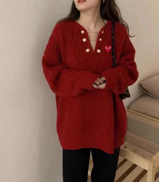 D112711秋冬新款V领麻花毛衣链条设计感慵懒套头宽松套头上衣 商品图4