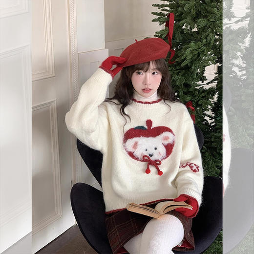 西遇氛围感穿搭女冬季新款可爱苹果小狗图案套头毛衣SS051893 商品图0