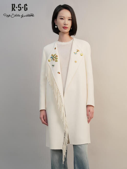 郭培成衣RSG2025秋冬新款花卉刺绣流苏白色羊毛大衣中长款气质 商品图2